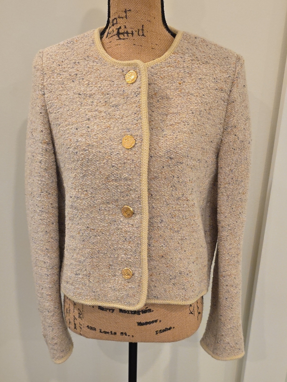 ba&sh Cream Tweed Button Front Cardigan with Gold Buttons - Picture 6 of 15
